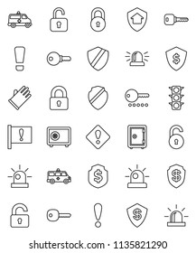thin line vector icon set - rubber glove vector, dollar shield, safe, attention, traffic light, amkbulance car, lock, unlock, key, sign, siren, home protect, password