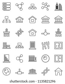 thin line vector icon set - molecule vector, bank, building, hierarchy, dna, chromosomes, ovule, connect, big data, plan, apartments, office, home