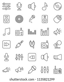 thin line vector icon set - music vector, disk, microphone, radio, speaker, loudspeaker, settings, equalizer, forward button, backward, rca, jack