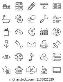 thin line vector icon set - bath vector, whisk, meat hammer, pasta, pen, pencil, microscope, exam, university, euro sign, pills, music hit, microphone, thumbtack, eye, microbs, menu, usb modem, mail