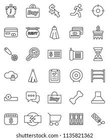 thin line vector icon set - towel vector, skimmer, alarm clock, bank building, receipt, target, binder, sand, dollar calendar, cursor, bone, run, phone, shelving, dialog, eye doctor hat, cloud lock