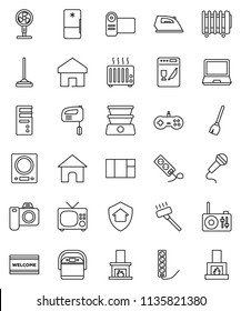 thin line vector icon set - broom vector, vacuum cleaner, mop, welcome mat, iron, home, fireplace, protect, dishwasher, fridge, mixer, multi cooker, kitchen scales, fan, camera, video, double boiler