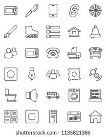 thin line vector icon set - toilet vector, pen, bell, school bus, abacus, any currency, roller Skates, target, calendar, satellitie, speaker, mobile phone, group, stop button, rec, menu, chain, home