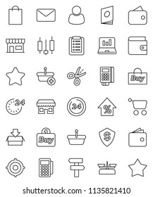 thin line vector icon set - japanese candle vector, laptop graph, wallet, percent growth, target, star, 24 hour, shopping bag, store, customer, buy, card reader, basket, cart, list, mail, catalog