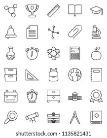 thin line vector icon set - book vector, copybook, graduate hat, university, school building, corner ruler, drawing compass, backpack, apple fruit, atom, telescope, microscope, bell, calculator
