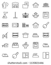 thin line vector icon set - plunger vector, cleaner trolley, mop, sponge, iron, steaming, house hold, sink, microwave oven, university, school building, dry cargo, cottage, garage, plan, rooms, sold