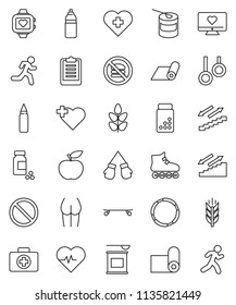 thin line vector icon set - diet vector, heart pulse, clipboard, pills vial, punching bag, buttocks, boxing glove, roller Skates, skateboard, sports nutrition, monitor, water bottle, stairways run