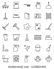 thin line vector icon set - plunger vector, scraper, broom, vacuum cleaner, fetlock, mop, rake, scoop, bucket, trash bin, shining, window cleaning, splotch, welcome mat, iron, toilet, brush, washer