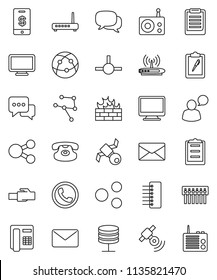 thin line vector icon set - clipboard vector, satellite, radio, satellitie, internet, dialog, speaking man, classic phone, connect, network, server, firewall, hub, lan connector, share, mail, router