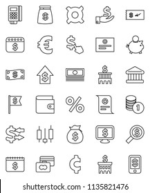 thin line vector icon set - certificate vector, bank, exchange, japanese candle, credit card, wallet, cash, money bag, piggy, investment, dollar growth, coin stack, building, search, flag, calendar