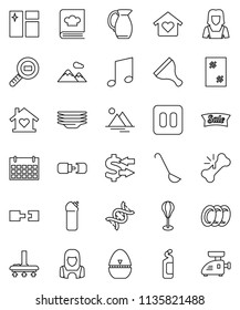 thin line vector icon set - scraper vector, vacuum cleaner, window cleaning, agent, plates, woman, cook timer, ladle, cookbook, jug, music, exchange, punching bag, calendar, cargo search, dna, sale