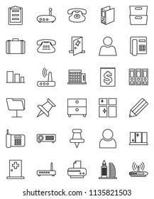 thin line vector icon set - shining window vector, pencil, archive, case, binder, receipt, clipboard, sorting, classic phone, thumbtack, medical room, network folder, router, user, apartments