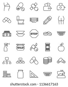 thin line vector icon set - toilet vector, sprayer, plates, colander, jar, pasta, pencil, corner ruler, apple fruit, coin stack, hierarchy, stadium, buttocks, pills, satellite, stop, sale signboard
