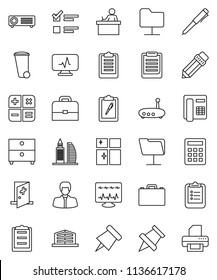 thin line vector icon set - trash bin vector, shining window, pencil, student, case, pen, clipboard, paper pin, archive, exam, manager, diagnostic monitor, medical room, network folder, router