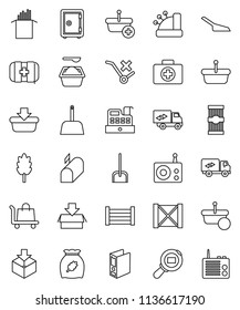 thin line vector icon set - scoop vector, washing powder, cereal, pasta, binder, safe, first aid kit, wood box, no trolley, package, cargo search, radio, relocation truck, mailbox, cashbox, basket
