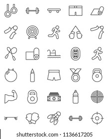 thin line vector icon set - barbell vector, stadium, weight, jump rope, hand trainer, punching bag, fitball, muscule, boxing glove, shorts, skateboard, target, medal, water bottle, fitness mat, run