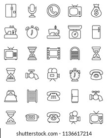 thin line vector icon set - water tap vector, washboard, kettle, alarm clock, money bag, sand, phone, film frame, video camera, microphone, classic, fridge, tv, kitchen scales, sewing machine