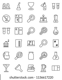 thin line vector icon set - scraper vector, window cleaning, shining, measuring cup, hand mill, spices, jug, jar, flask, no alcohol sign, glass, cargo search, vial, magnifier, potion, estate, client
