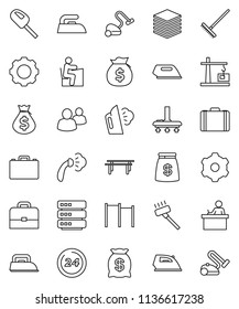 thin line vector icon set - vacuum cleaner vector, rake, iron, steaming, student, case, money bag, horizontal bar, group, big data, gear, construction crane, 24 hour
