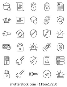 thin line vector icon set - certificate vector, personal information, dollar shield, protected, link, big data, server, firewall, lock, unlock, key, siren, smart home, protect, password