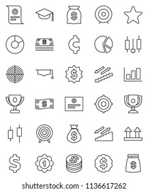 thin line vector icon set - graduate hat vector, award cup, certificate, graph, pie, japanese candle, money bag, target, dollar medal, cent sign, stairways run, top, favorites, coin, cash