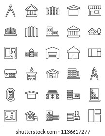 thin line vector icon set - school building vector, drawing compass, university, bank, stadium, dry cargo, hospital, home, cottage, chalet, barn, fence, plan, apartments, office, store, mall, window