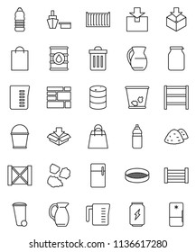 thin line vector icon set - bucket vector, trash bin, garbage pile, measuring cup, jug, sieve, jar, enegry drink, water bottle, sea container, port, wood box, consolidated cargo, package, oil barrel