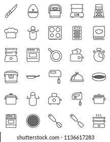 thin line vector icon set - pan vector, cook hat, apron, timer, whisk, spatula, knife, grater, oven, double boiler, cookbook, sieve, dish, mixer, multi cooker, toaster