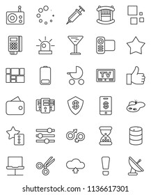 thin line vector icon set - consolidated cargo vector, glass, oil barrel, radio, tv, video camera, finger up, battery, gender sign, syringe, scissors, sand clock, notebook network, server, equalizer