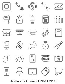 thin line vector icon set - window cleaning vector, skimmer, ladle, mixer, copybook, calculator, presentation, dollar calendar, measuring, weight, muscule hand, shorts, gymnast rings, earth, rca