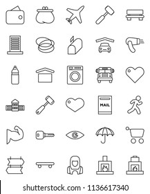 thin line vector icon set - cleaner woman vector, meat hammer, school building, bus, muscule hand, skateboard, water bottle, hoop, run, plane, umbrella, dry cargo, heart, eye, bench, key, mailbox