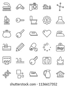 thin line vector icon set - fetlock vector, iron, toilet, jug, pencil, microscope, constellation, scales, medal, pills, flammable, heart, dna, diagnostic monitor, loading, key, chalet, pool, wallet