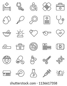 thin line vector icon set - flask vector, pills, heart cross, first aid kit, doctor bag, disabled, pulse, dna, magnifier, insemination, syringe, scissors, patch, stethoscope, mortar, eye hat, potion