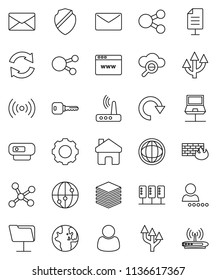 thin line vector icon set - world vector, internet, social media, network, server, notebook, folder, cloud glass, big data, browser, gear, shield, firewall, router, share, home, refresh, redo, mail