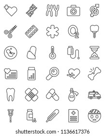 thin line vector icon set - pills vial vector, heart monitor, first aid kit, oxygen, ambulance star, pulse, cross, thermometer, gender sign, magnifier, pregnancy, crutches, scissors, broken bone