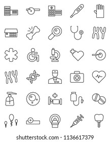 thin line vector icon set - liquid soap vector, rubber glove, school building, heart pulse, first aid kit, ambulance star, disabled, cross, doctor, thermometer, dna, magnifier, insemination, syringe
