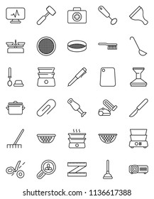 thin line vector icon set - plunger vector, scraper, fetlock, rake, car, toilet brush, pan, colander, whisk, ladle, meat hammer, cutting board, double boiler, blender, sieve, pen, measuring, scalpel