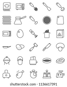 thin line vector icon set - camping cauldron vector, pan, towel, cook timer, whisk, skimmer, spatula, ladle, knife, meat hammer, cutting board, turk coffee, toaster, microwave oven, cookbook, spices