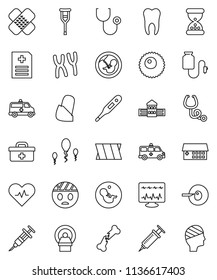 thin line vector icon set - school building vector, doctor bag, heart pulse, thermometer, pregnancy, insemination, syringe, crutches, broken bone, sand clock, patch, stethoscope, chromosomes, sperm