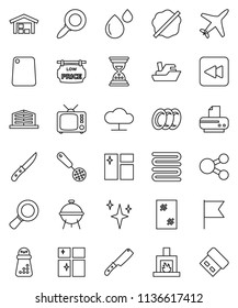 thin line vector icon set - shining vector, window cleaning, splotch, plates, towel, skimmer, knife, cutting board, hand mill, bbq, flag, magnifier, sand clock, plane, ship, tv, backward button, usb