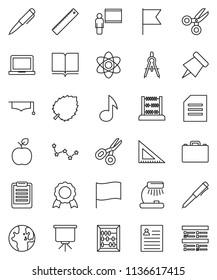 thin line vector icon set - book vector, graduate hat, blackboard, corner ruler, drawing compass, case, apple fruit, atom, pen, table lamp, notebook pc, clipboard, paper pin, medal, scissors, abacus