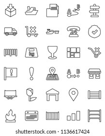 thin line vector icon set - signpost vector, navigator, map pin, attention, office, phone 24, ship, truck trailer, sea container, delivery, calendar, port, wood box, consolidated cargo, document