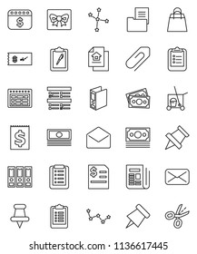 thin line vector icon set - cleaner trolley vector, schedule, clipboard, paper pin, constellation, exam, cash, annual report, binder, dollar calendar, money, receipt, newspaper, thumbtack, mail