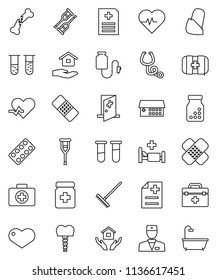 thin line vector icon set - rake vector, house hold, heart pulse, first aid kit, doctor bag, vial, crutches, broken bone, patch, stethoscope, pills bottle, blister, anamnesis, hospital bed, building