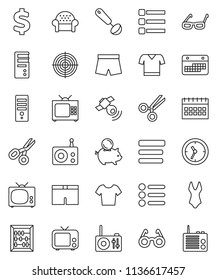 thin line vector icon set - ladle vector, glasses, scissors, abacus, piggy bank, calendar, dollar sign, shorts, swimsuite, t shirt, target, clock, radio, satellitie, tv, menu, cushioned furniture