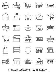 thin line vector icon set - office vector, cargo, warehouse, weight, shelving, new, open, closed, shopping bag, market, store, mall, buy, basket, cart, scales