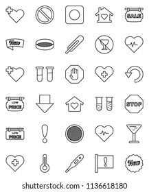 thin line vector icon set - sieve vector, arrow down, heart pulse, prohibition sign, no alcohol, cross, attention, glass, rec button, thermometer, vial, undo, stop, sale signboard, low price, new