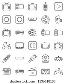 thin line vector icon set - cinema clap vector, film spool, tv, gamepad, video camera, remote control, play button, pause, stop, rec, web, projector