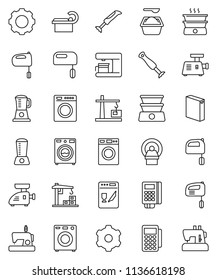 thin line vector icon set - washer vector, washing powder, mixer, tomography, gear, construction crane, card reader, dishwasher, coffee maker, meat grinder, blender, double boiler, sewing machine