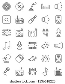 thin line vector icon set - music vector, disk, microphone, radio, speaker, loudspeaker, settings, equalizer, backward button, rca, jack